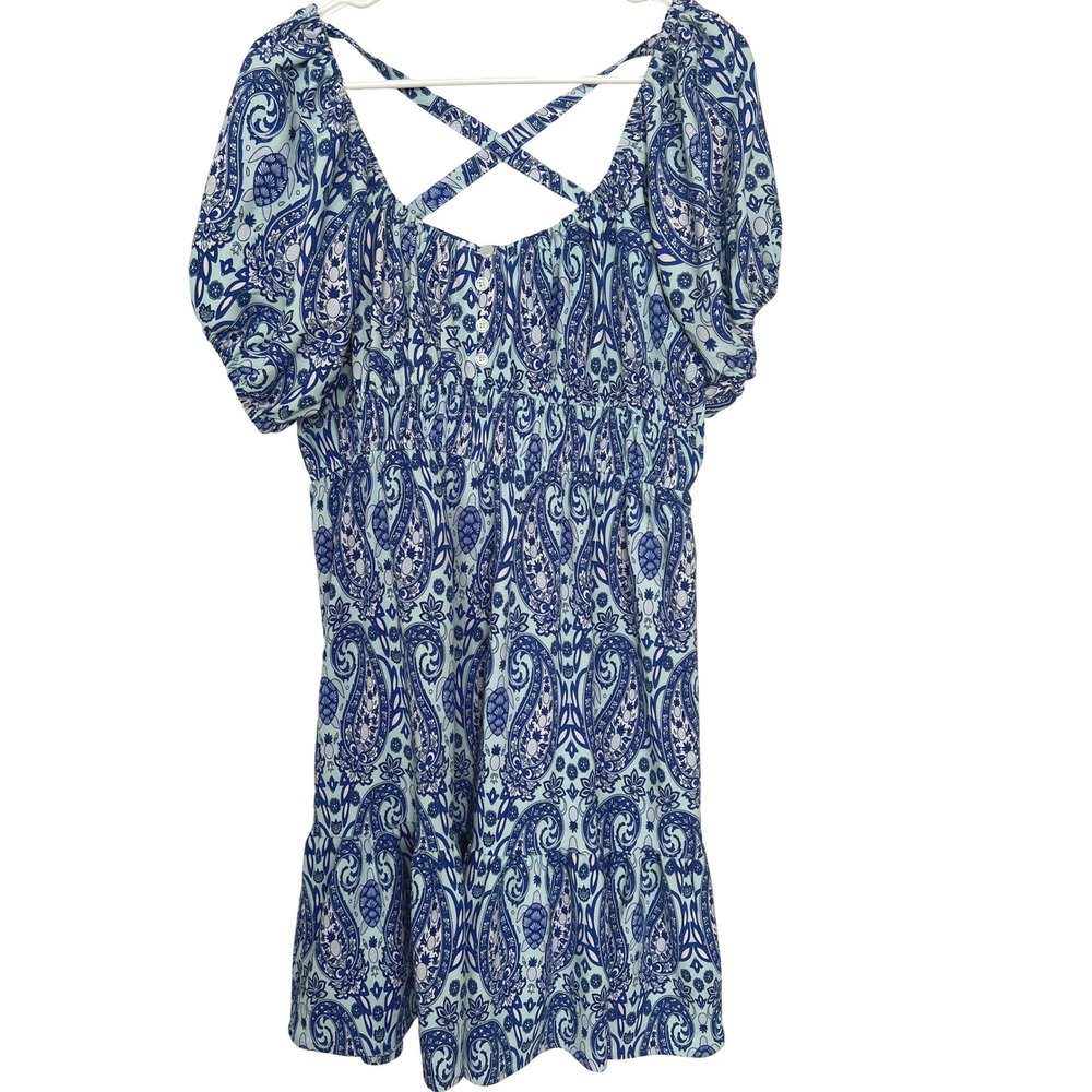 Simply Southern Women's L Dress Blue Paisley Smocked Waist Puff Sleeve Turtle